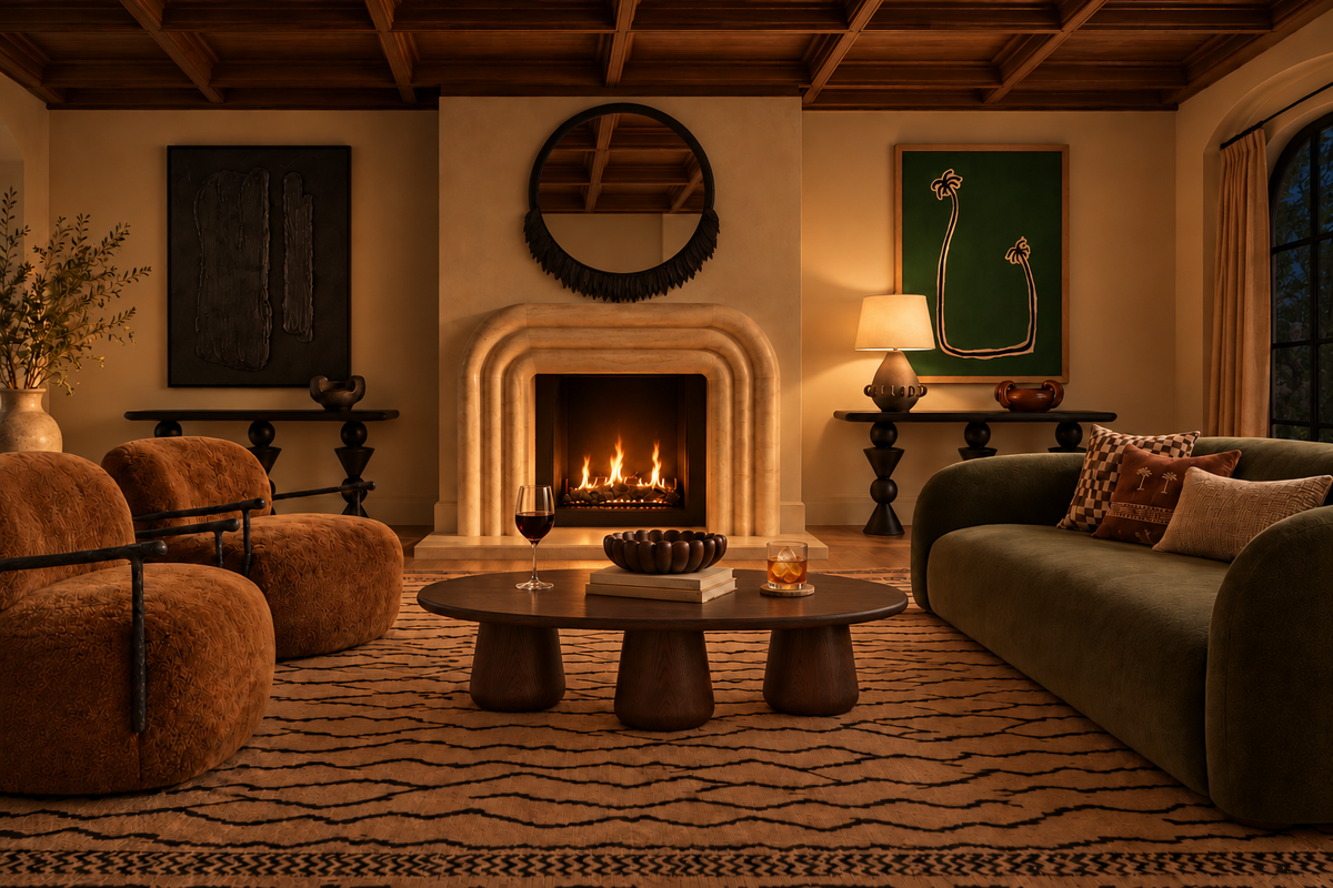 After Hours: an olive green sofa, ochre chairs and sculptural wood furniture styled with wine and cocktails in warm evening light.