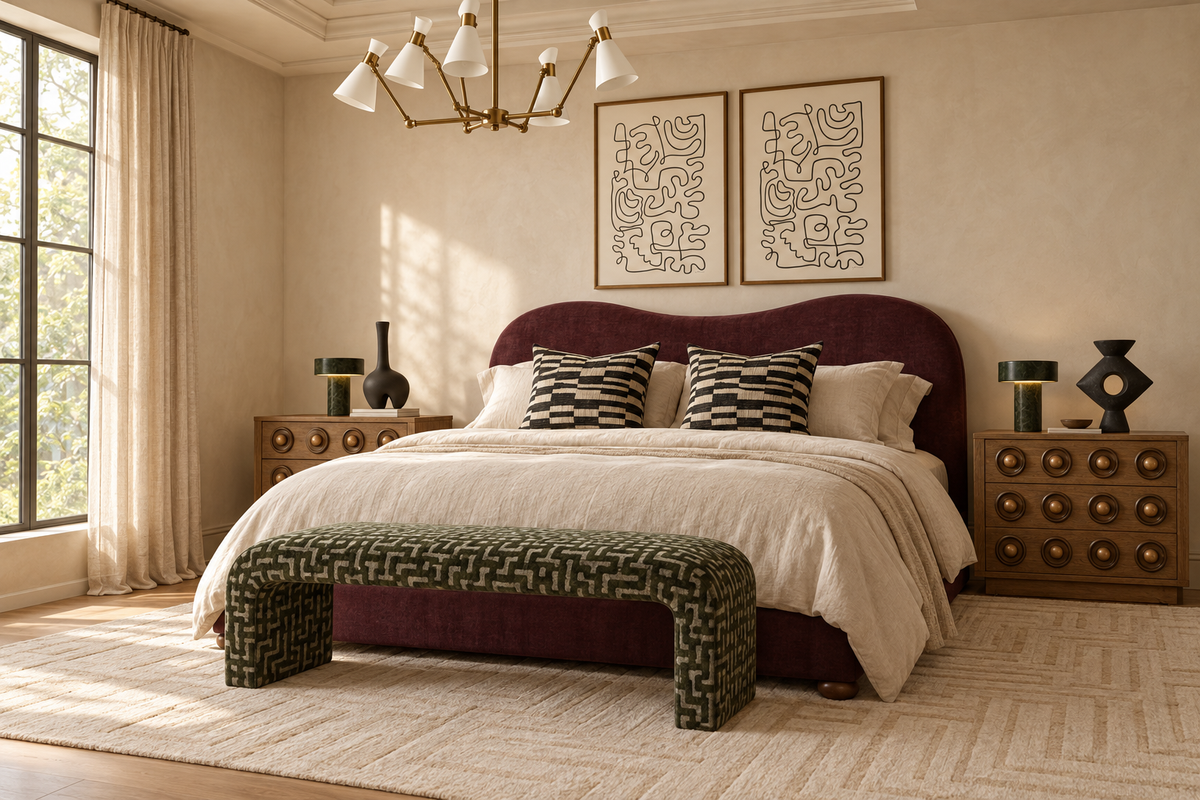 Soft Landing bedroom with a berry upholstered bed, natural oak bedside chests, olive patterned bench, cream rug and paired abstract art in soft morning light.