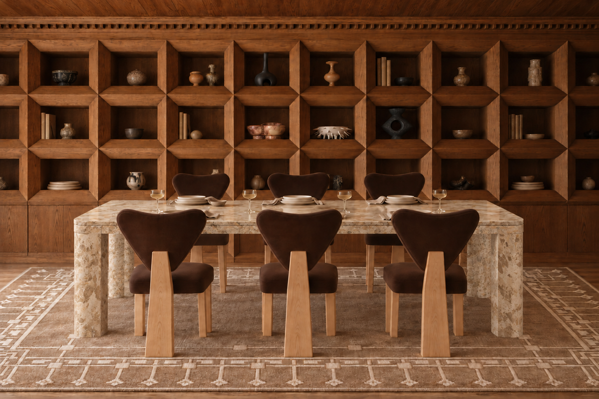 The Gathering Table: Rho marble dining table with legs flush at its corners, six Shayla chairs and the Chelsie rug before oak box shelves.