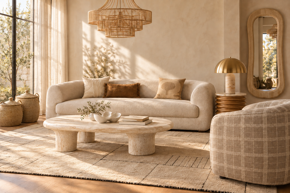 Sunwashed Forms: a sunlit warm modern living room with Lennox sofa, Maren chair, Rowen coffee table and Silas side table
