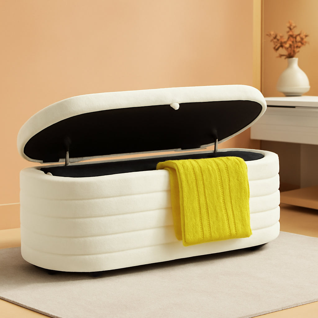 45 Inch Storage Ottoman Bench Boucle Upholstery Fabric