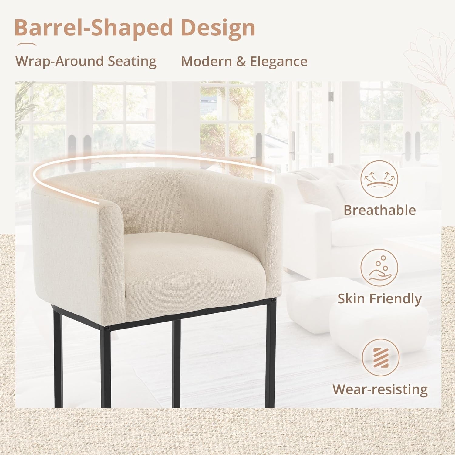 27 Inch Counter Height Bar Stool With Backrest And Armrests, Linen Upholstery, Black Metal Frame