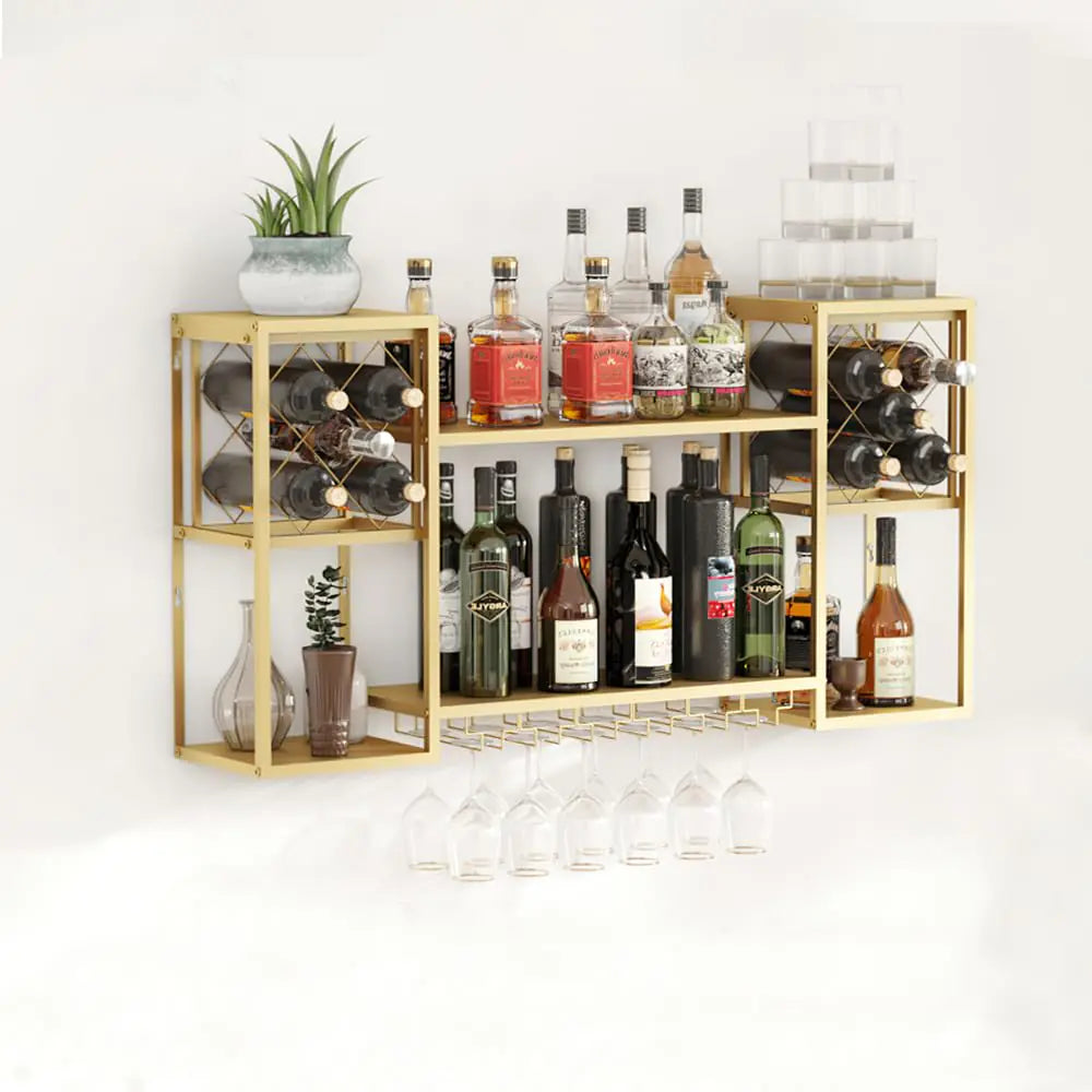 KaKaBB Metal Wall Mounted Wine Rack with Glass Holder 2 Tier Mini Floating Bar Shelves Liquor Bottle Display Shelf for Home Bar Kitchen Dining Room (Gold)
