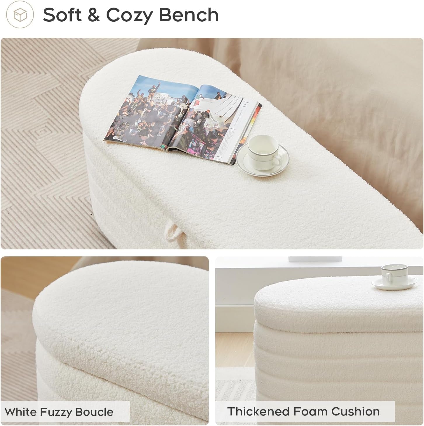 45 Inch Storage Ottoman Bench Boucle Upholstery Fabric