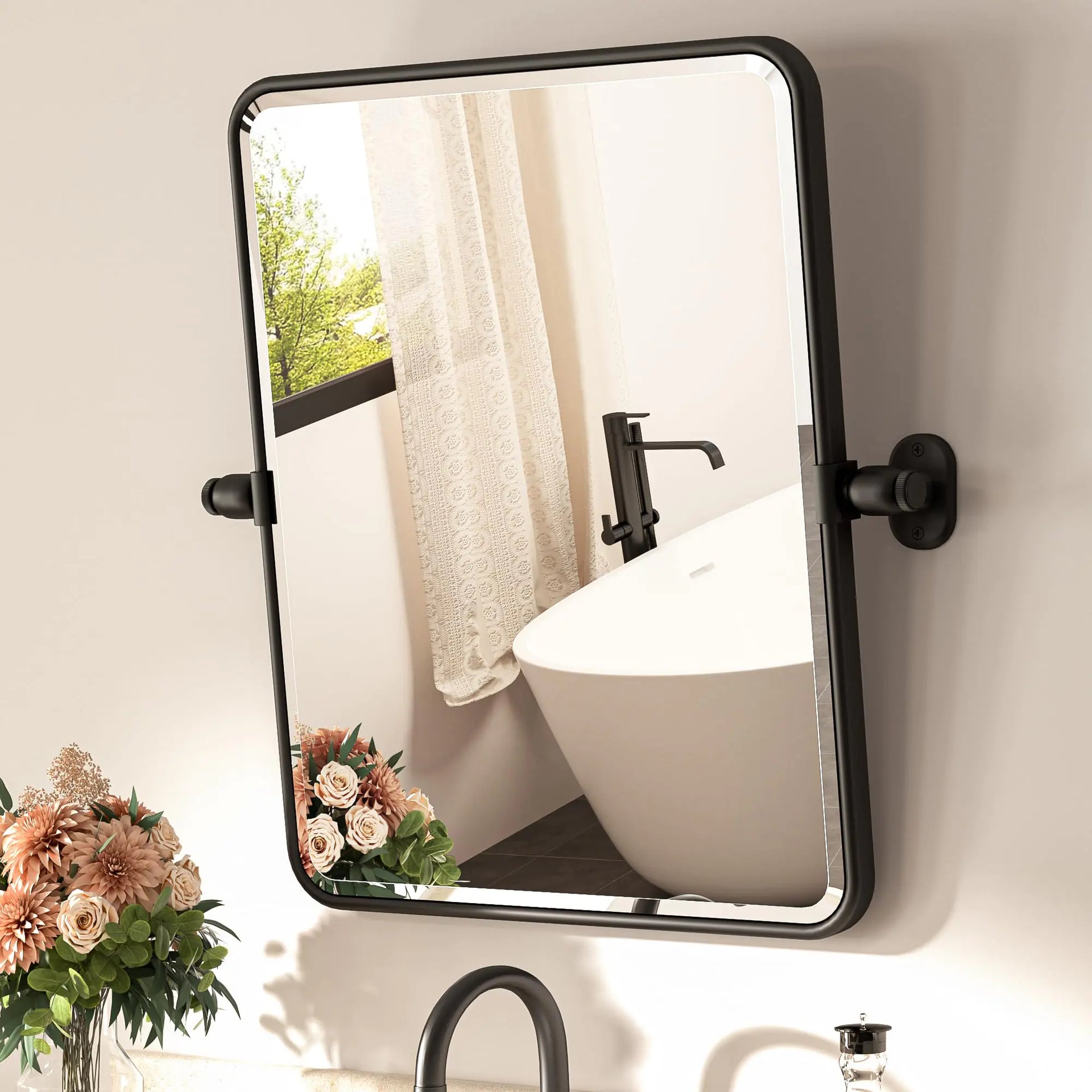 TETOTE Pivot Mirror for Bathroom 16 x 20 Matte Black Tilt Beveled Rectangle Metal Framed Pivoting Bathroom Vanity Mirror Modern Farmhouse Adjustable Tilting Wall Mirror Horizontal/Vertical