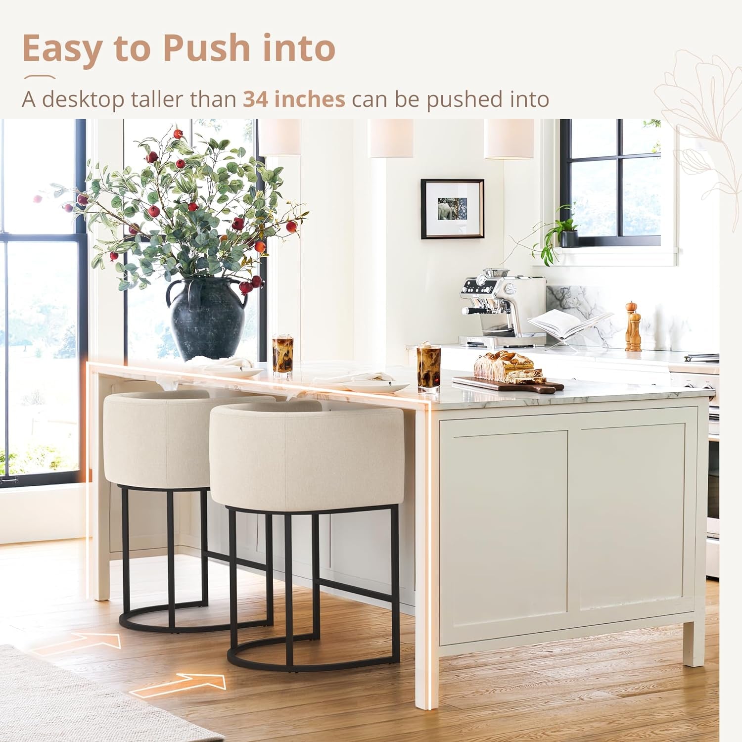 27 Inch Counter Height Bar Stool With Backrest And Armrests, Linen Upholstery, Black Metal Frame