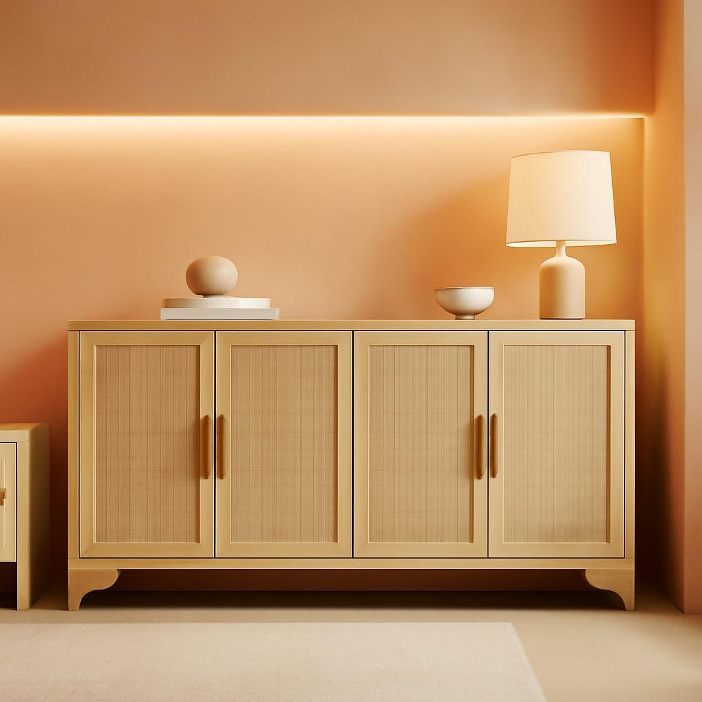 Natural Rattan Four Door Sideboard Cabinet Engineered Wood