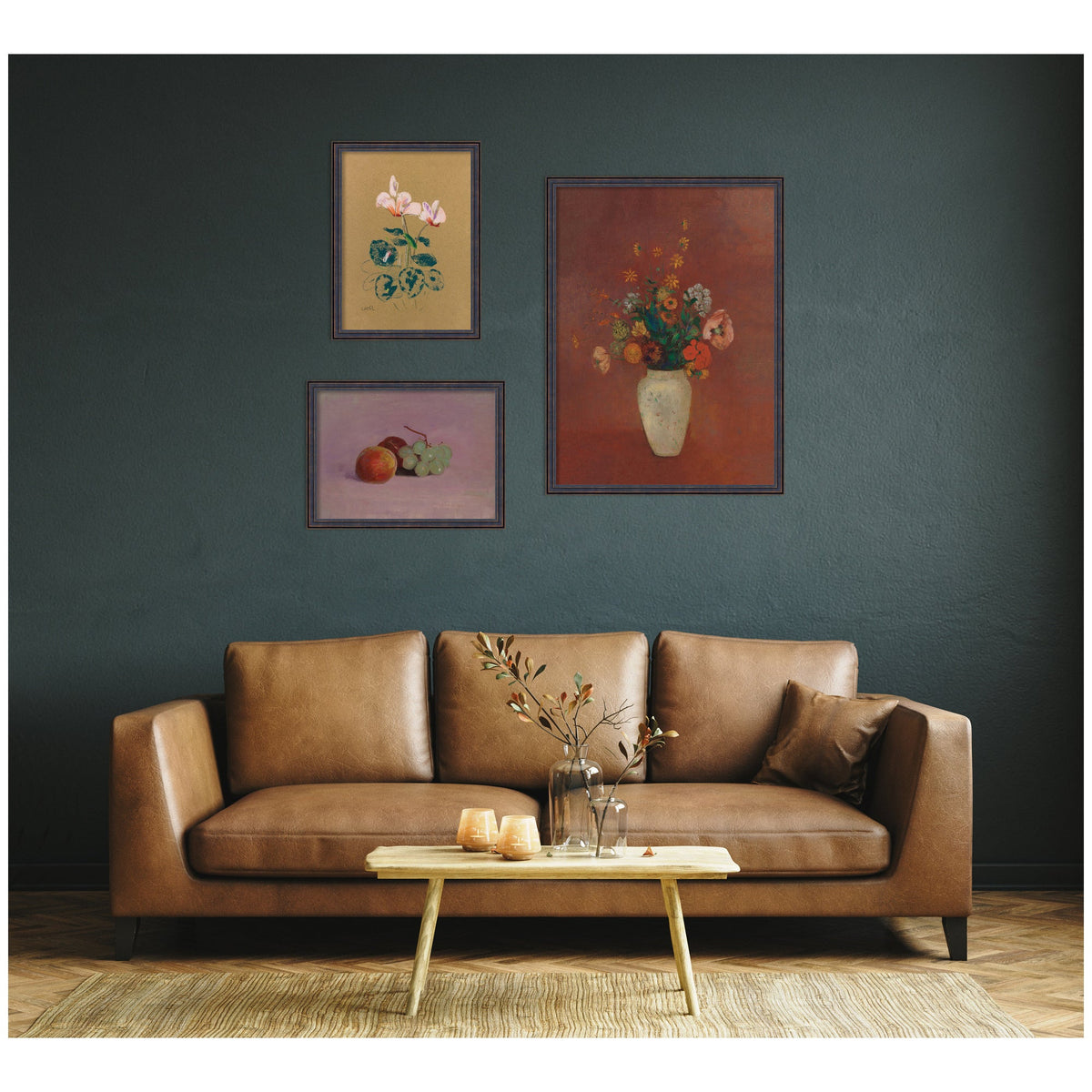 Cyclamen, Still Life with Fruit, & Bouquet in a Chinese Vase Odion Redo 3 Piece Framed Wall Art Print Set by Nostalgia Prints