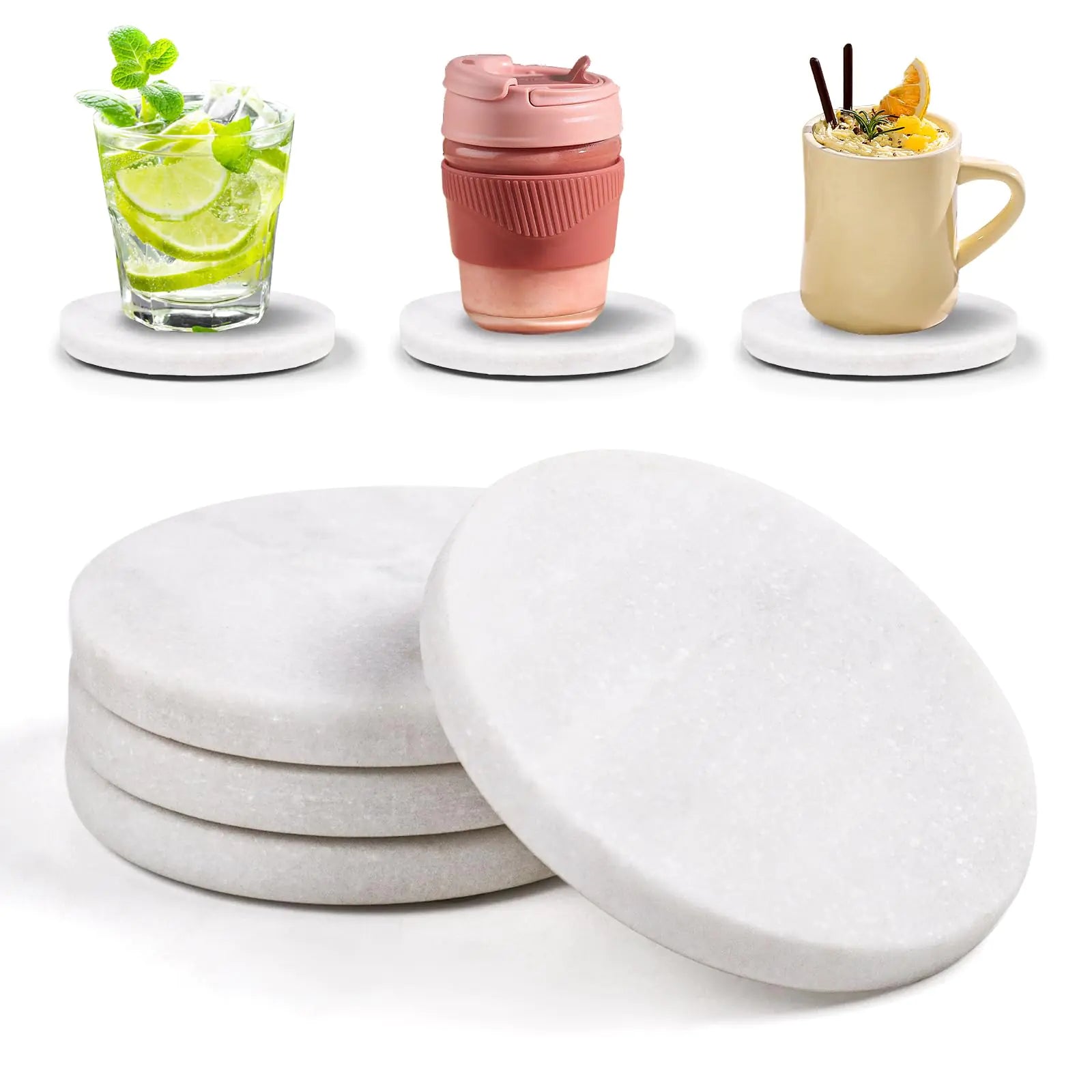 White Marble Coasters Set of 4 - Natural Marble Stone Drink Coasters with Protective Silicone Feet 4 inch Diameter 0.4 inch Thick - Durable Heat-Resistant Coasters for Coffee Table
