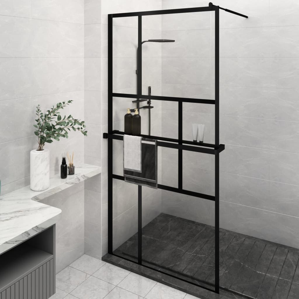 Walk-in Shower Wall with Shelf, Black