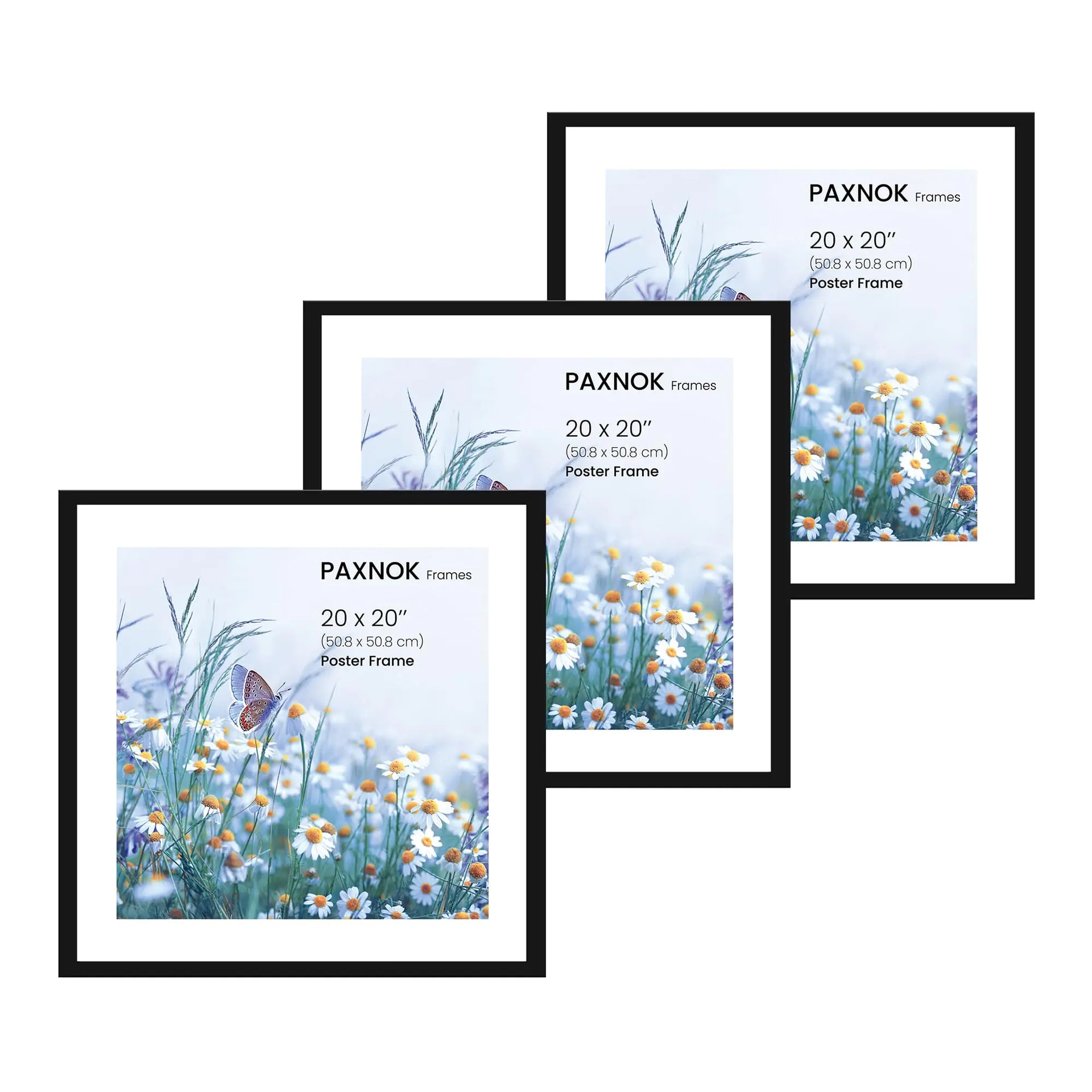 PAXNOK Black 20x20 Picture Frame 16x16 with Mat Large Poster Frames Included Hanging Hardware Set of 3 - Shatterproof Plexiglass Sheet (3 20x20)