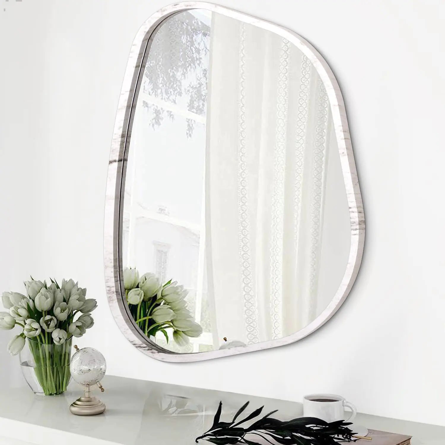 HLFMVWE Asymmetrical Wall Mirror Irregular Small Accent Wall Mirror Modern Wood Frame Unique Shape Wall Mounted Vanity Artistic Mirror Decorative for Living Room Bedroom Bathroom Entryway Hallway