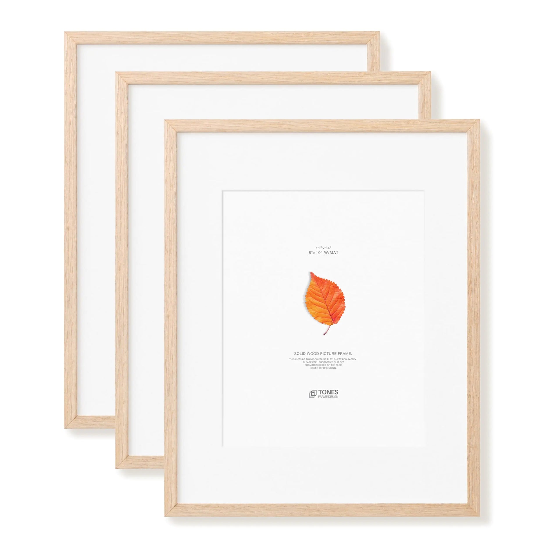 TONES FRAME DESIGN Solid Oak Wood 11x14 Picture Frame with Mat for 8x10 Natural Photo Frame Set of 3 Picture Frame for Wall Home Decor