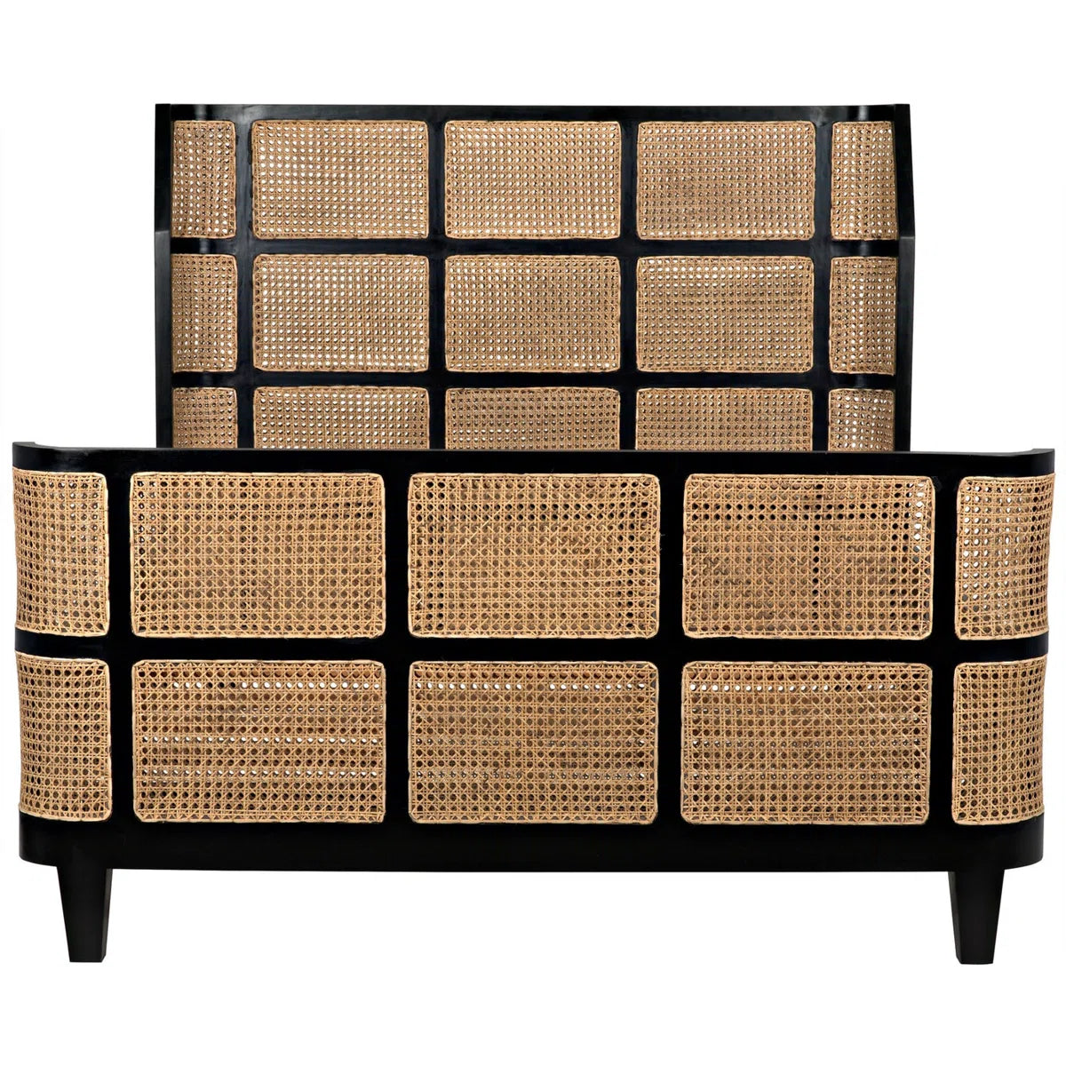 Bed with black frame and woven rattan panels on a white background