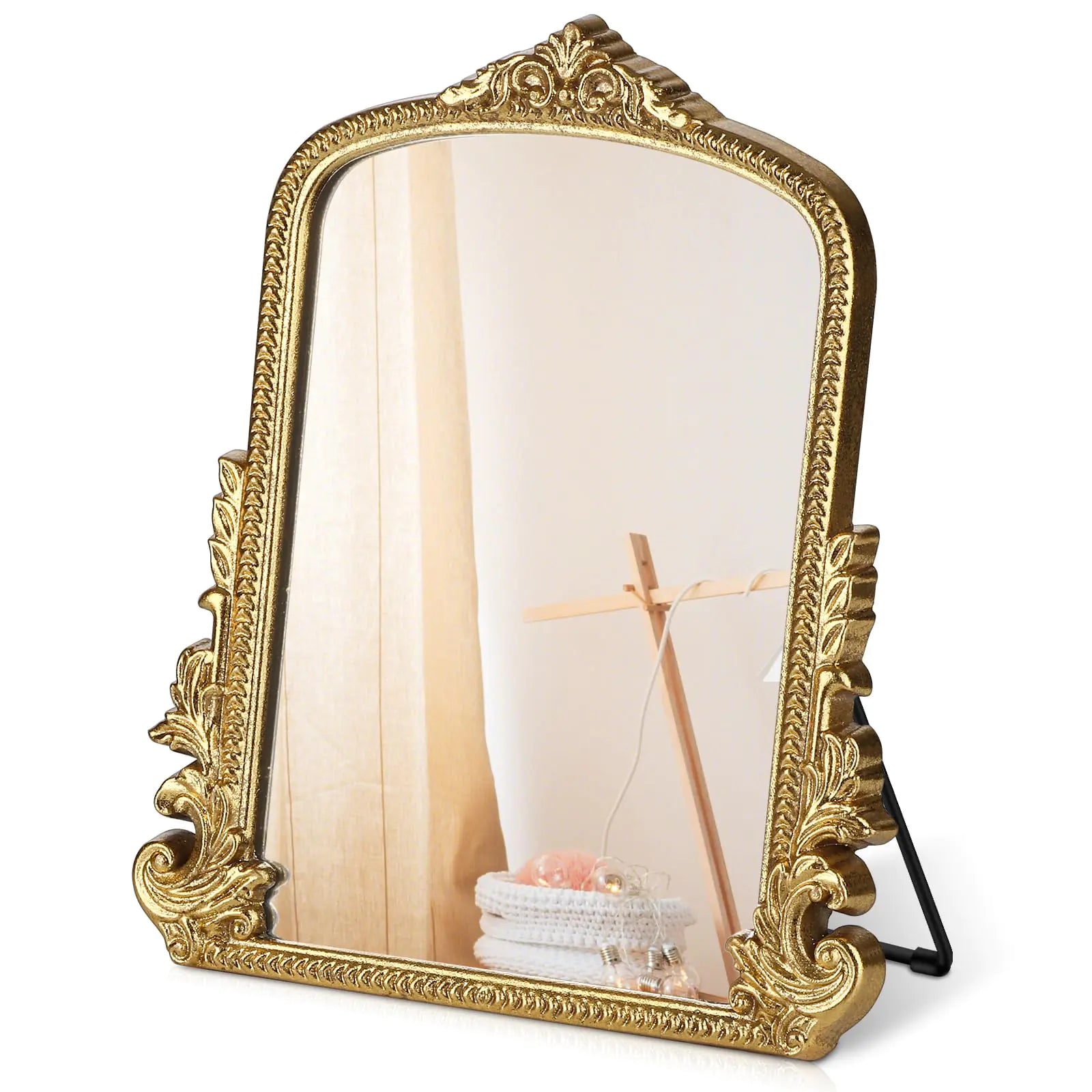 Vintage Makeup Mirror Vanity Desk Mirror Antique Traditional Tabletop Mirror Standing Hang or Wall Mounted Adjustable Dress-up Mirror Gold Decor Mirror for Living RoomBedroom (gold 11.8*9.6 in)