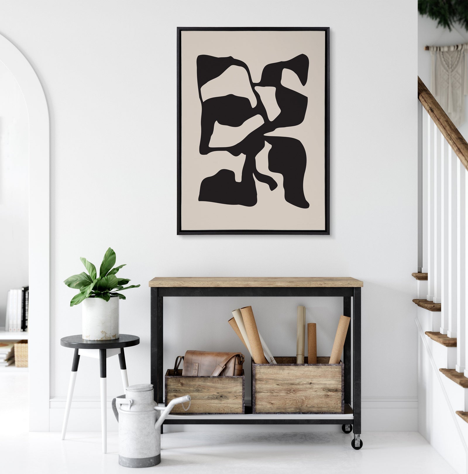 Sylvie Distorted Shapes of Black and Tan Framed Canvas by The Creative Bunch Studio