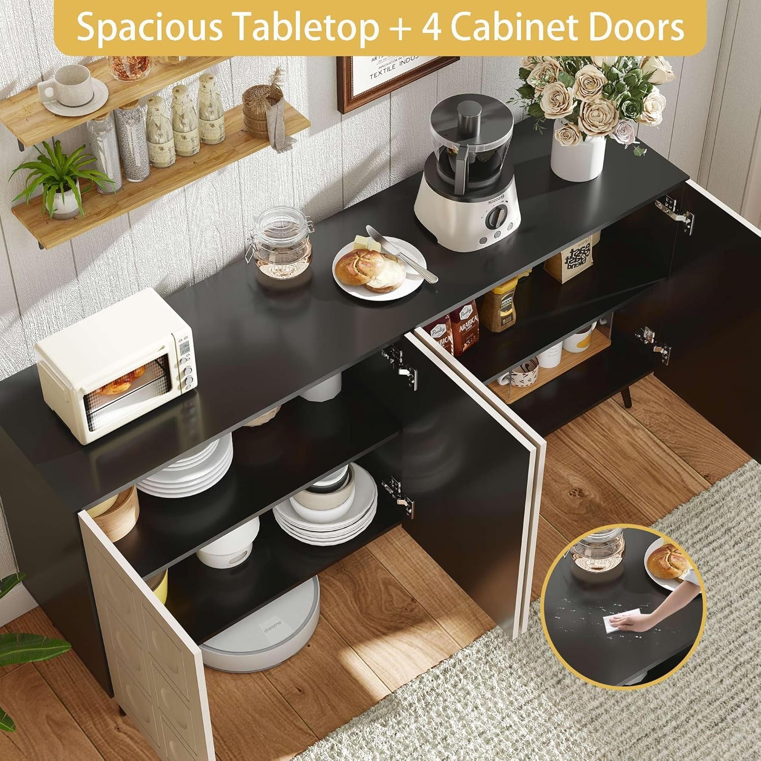 63 Inch Oak And Black Mid Century Modern Sideboard