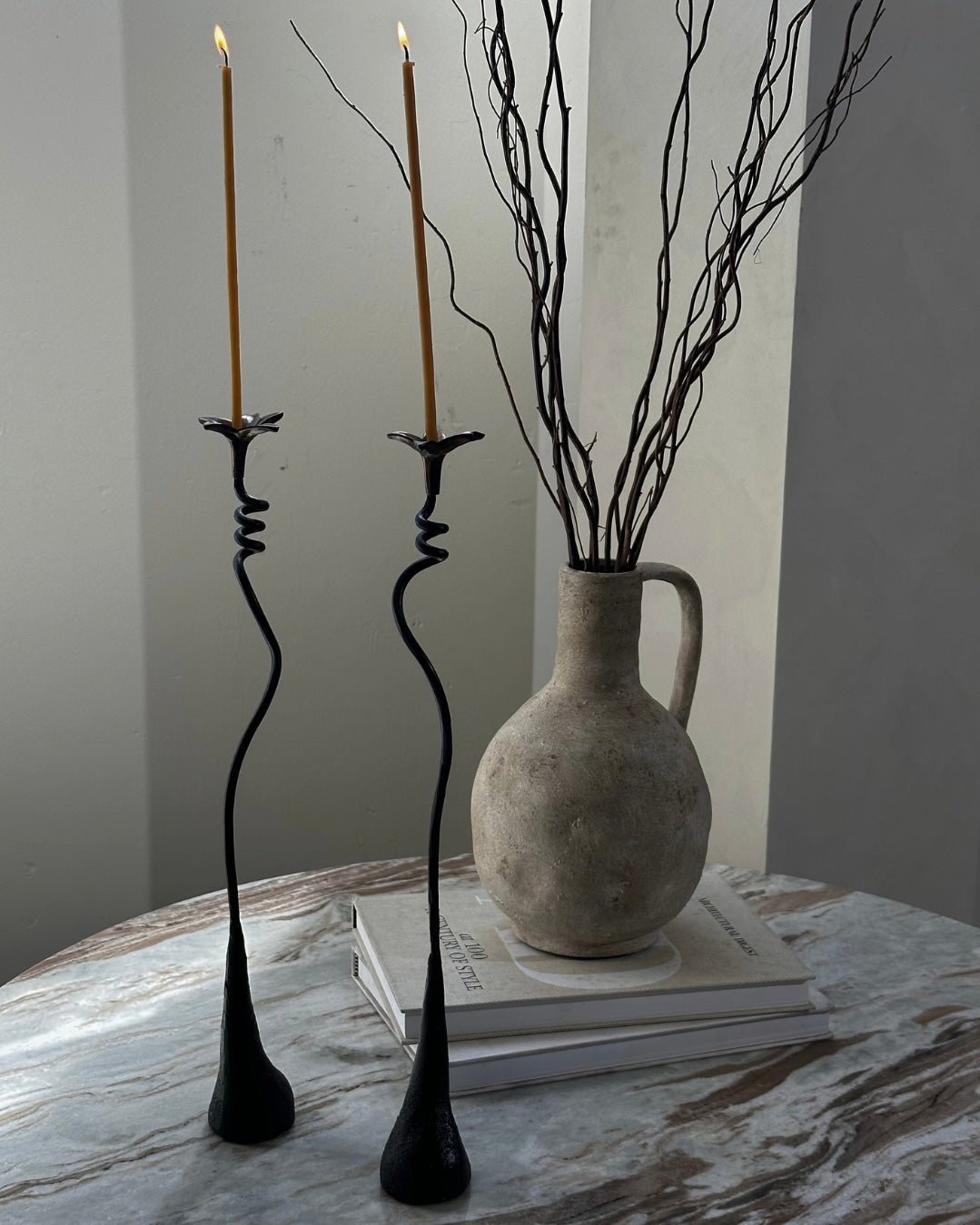 Handmade Iron Ferra Lily Candle Holders Set - Antique Bronze Taper