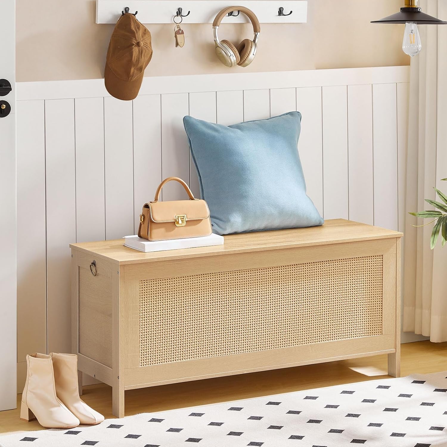 Large Natural Storage Bench with Safety Hinge, 39.4 Inches