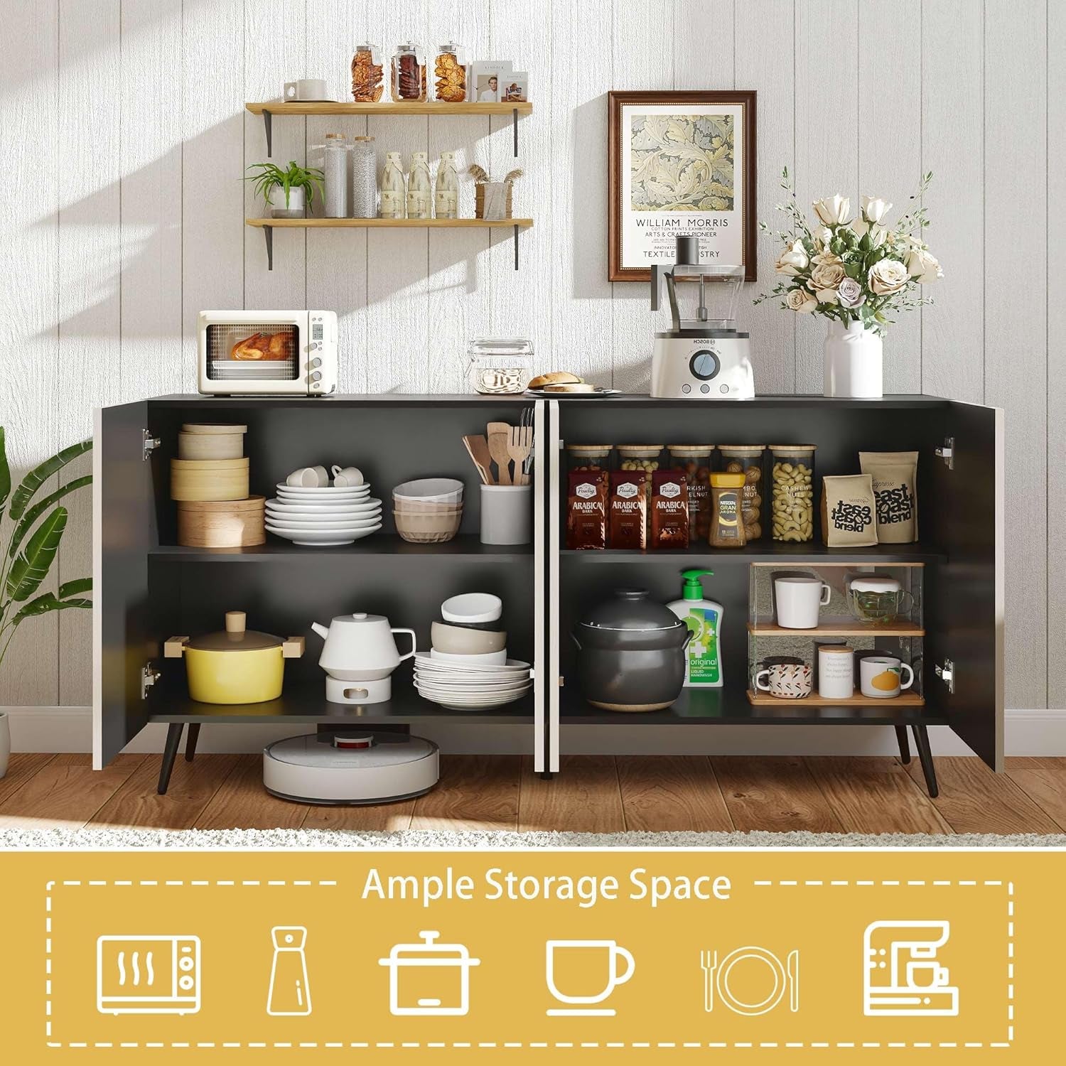 63 Inch Oak And Black Mid Century Modern Sideboard