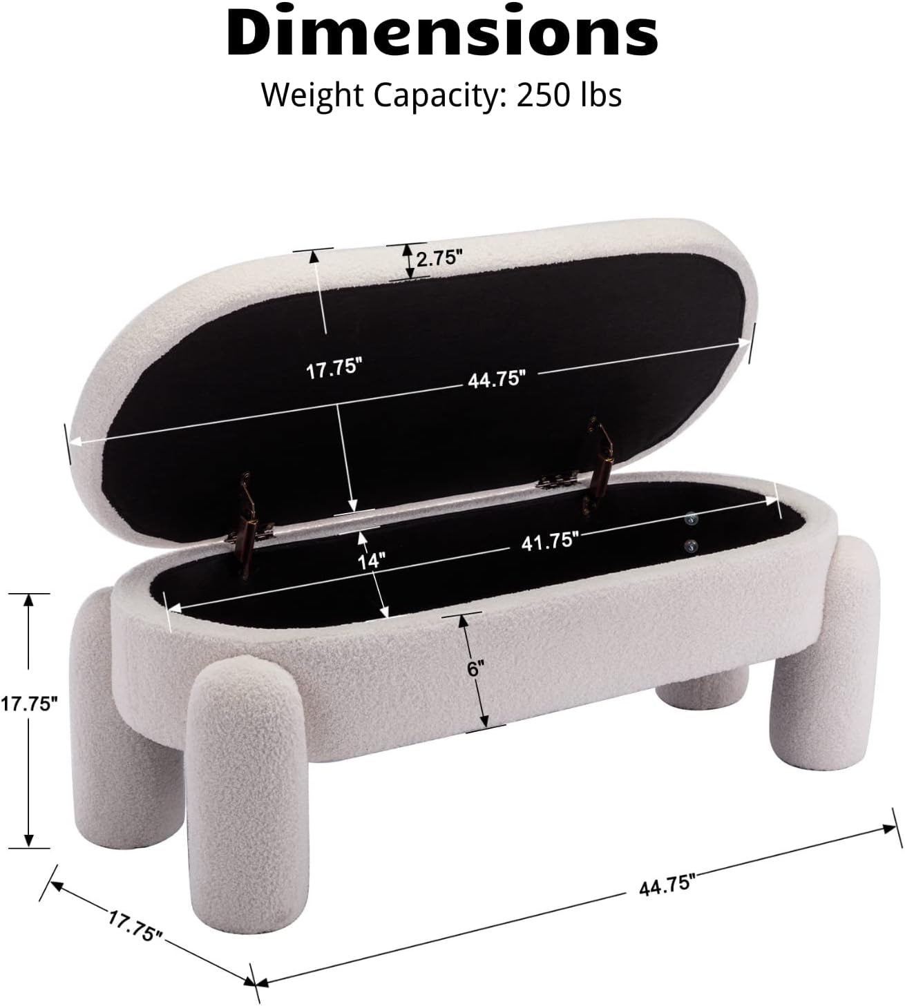 44.7-Inch White Boucle Upholstered Storage Ottoman Bench