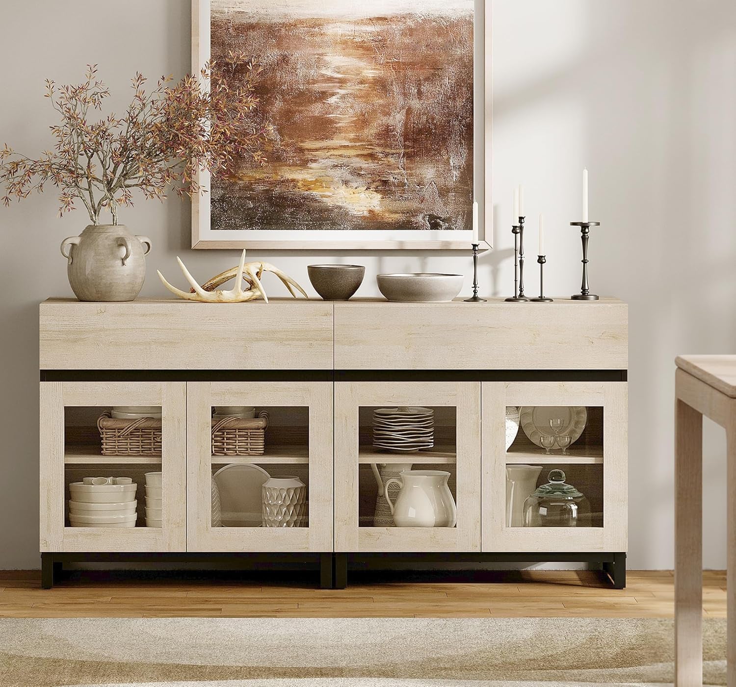 Oak Sideboard Buffet With Glass Doors Light Finish