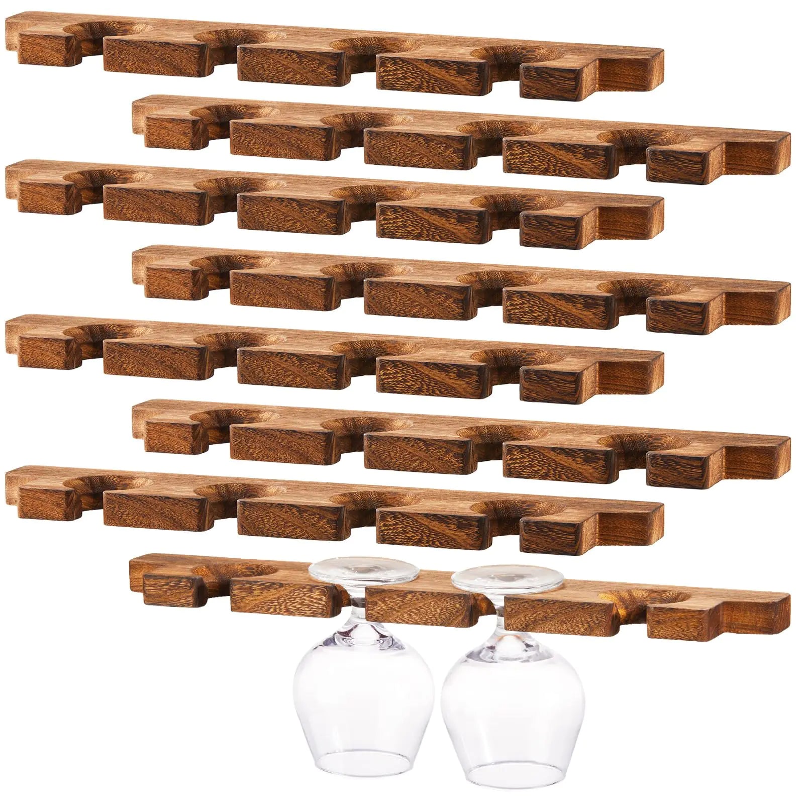 Ripeng Wall Mounted Wood Stemware Rack Champagne Holder Rustic Wine Glass Holder Hanging Shelf Wood Floating Glassware Wall Holder for party Kitchen Bar Organizer(8 Pcs17 x 3 x 0.8 Inch)