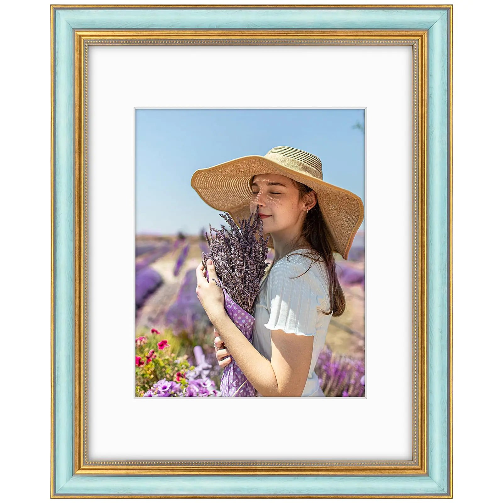 Golden State Art 11x14 Ornate Picture Frame for 8x10 Photo with Mat or 11x14 Prints Without Mat Real Glass Wall Mounting Horizontally or Vertically (Blue Gold 1 Pack)