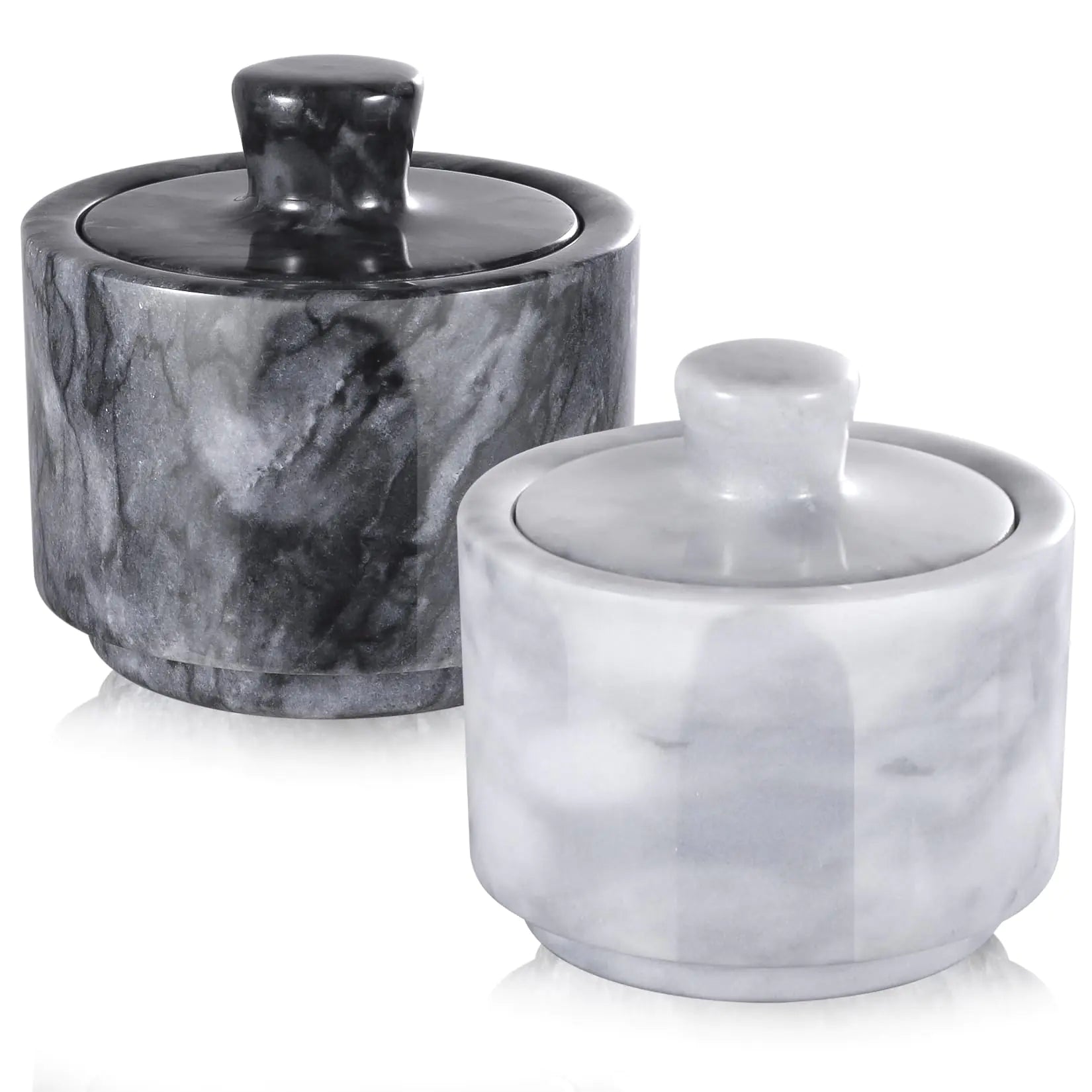 RingsTown 3.2"x3.2" Marble Salt Cellar with Lid Multipurpose Marble Container for Salt Pepper and Other food seasonings Marble Box for Jewelry Accessories Set of 2 (Black and White)