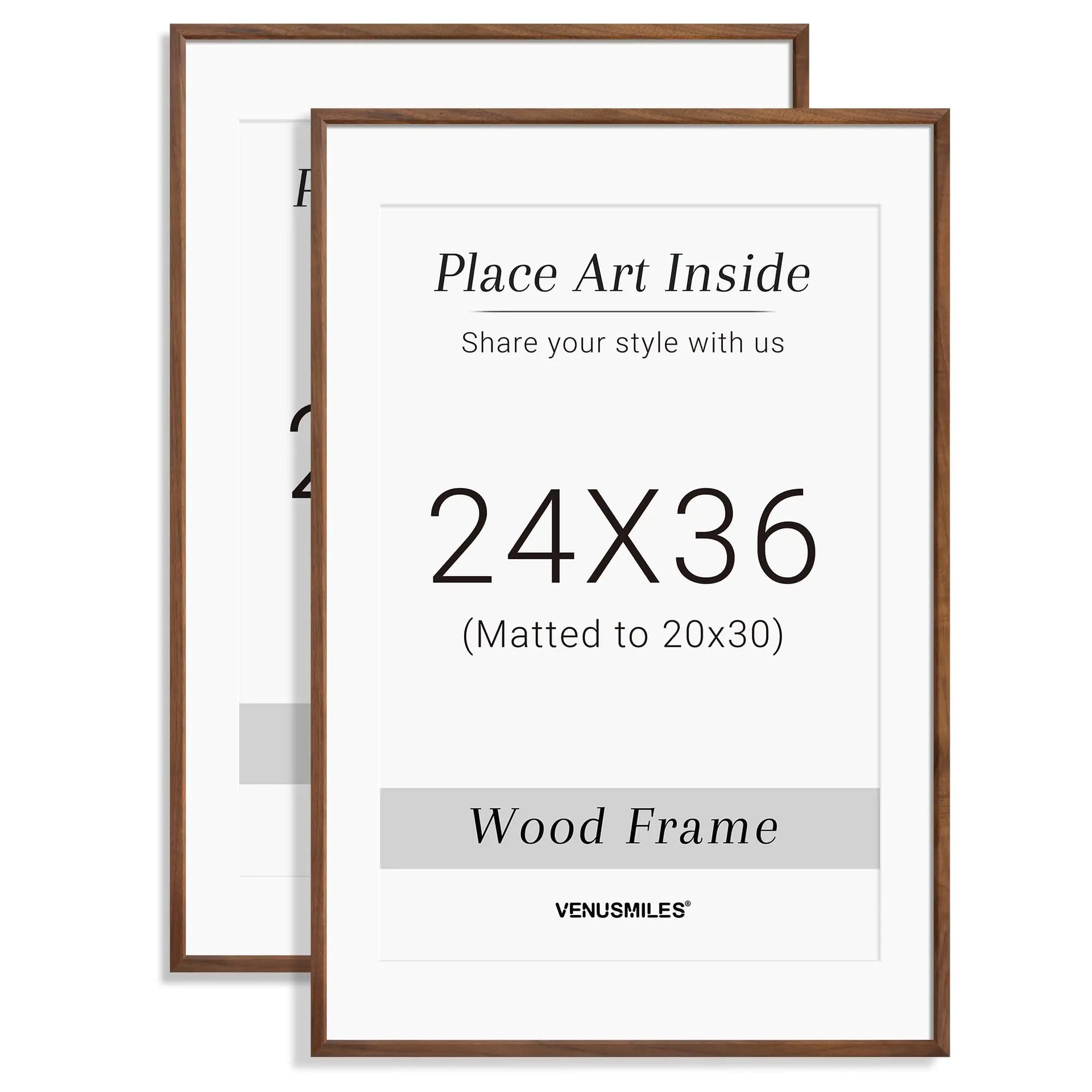 Venusmiles 24x36 Poster Frame Set of 2 Natural Solid Walnut Photo Frames with 20x30 Removable Mat Wall Hanging Large Handcrafted Frame with HD Plexiglass Wall and Tabletop Display Large Picture Frame