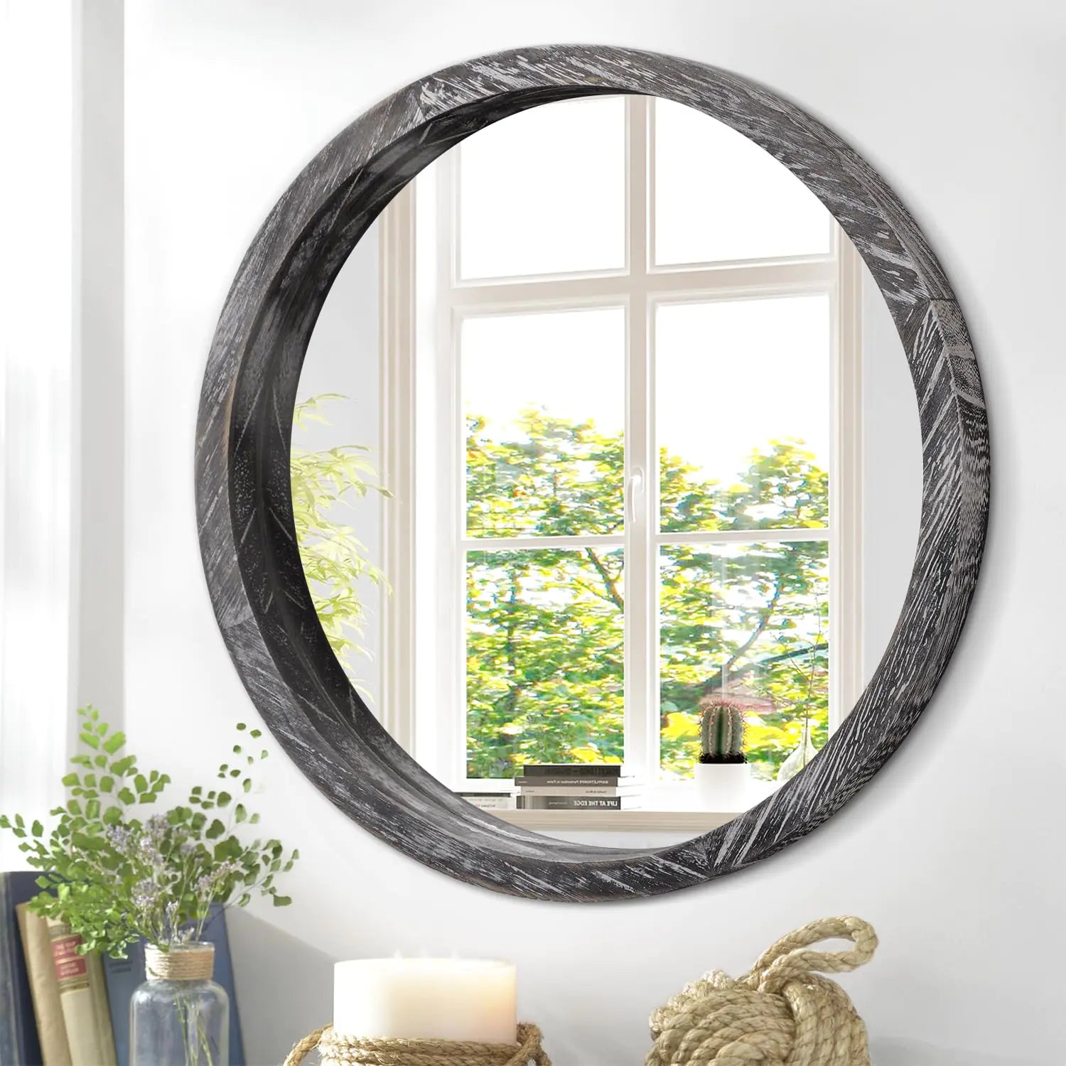 JJUUYOU Circular Wall Mirror Round Mirror for Bathroom Small Circle Wall Mounted Mirror for Decor Wooden Make up Mirror for Farmhouse Living Room Bedroom 12Inch