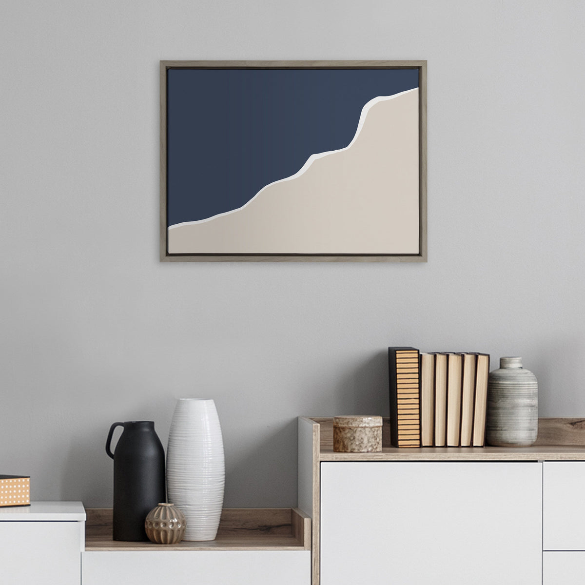 Sylvie Ocean and Beach Abstract Landscape Framed Canvas by The Creative Bunch Studio