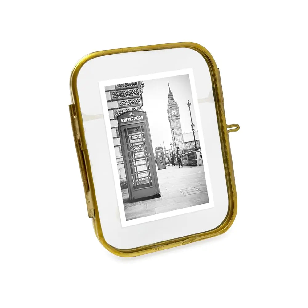 Isaac Jacobs 2x3 Vintage Style Round-Edged Brass & Glass Metal Floating Picture Frame with Locket Closure (Vertical) Made for Tabletop Display (2x3 Vertical Antique Gold)