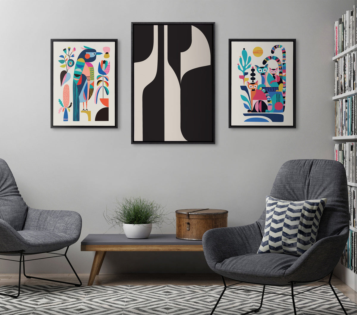 Sylvie Eye Catching Sleek Abstract 6 Black and Beige Framed Canvas by The Creative Bunch Studio