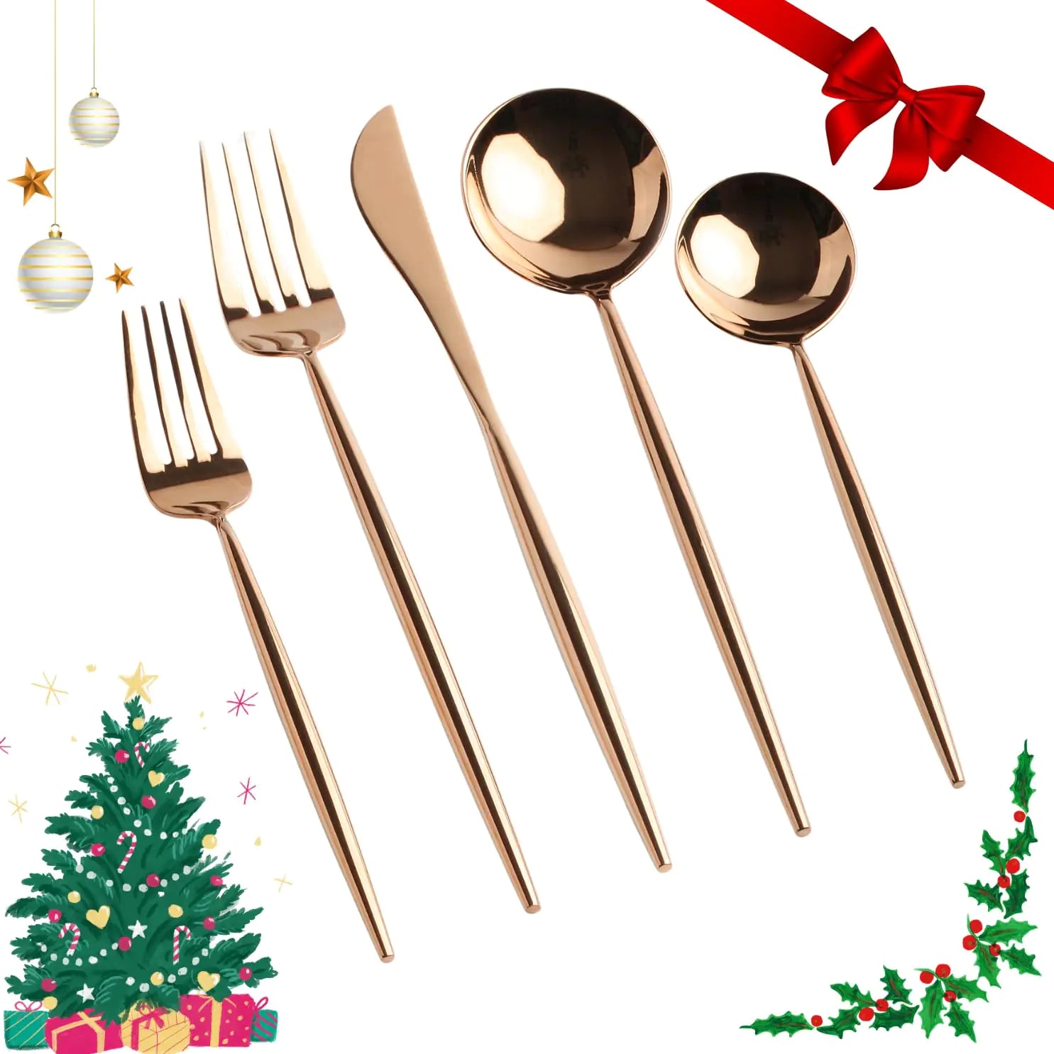 Homelux Theory 18/10 Rose Gold Silverware Set 4 Cutlery Set of 5pc Mirror Polished Spoons & Forks Set Fancy Stainless Steel Utensils Set Adaline Royal Modern Silverware Set Rose Gold Flatware Set