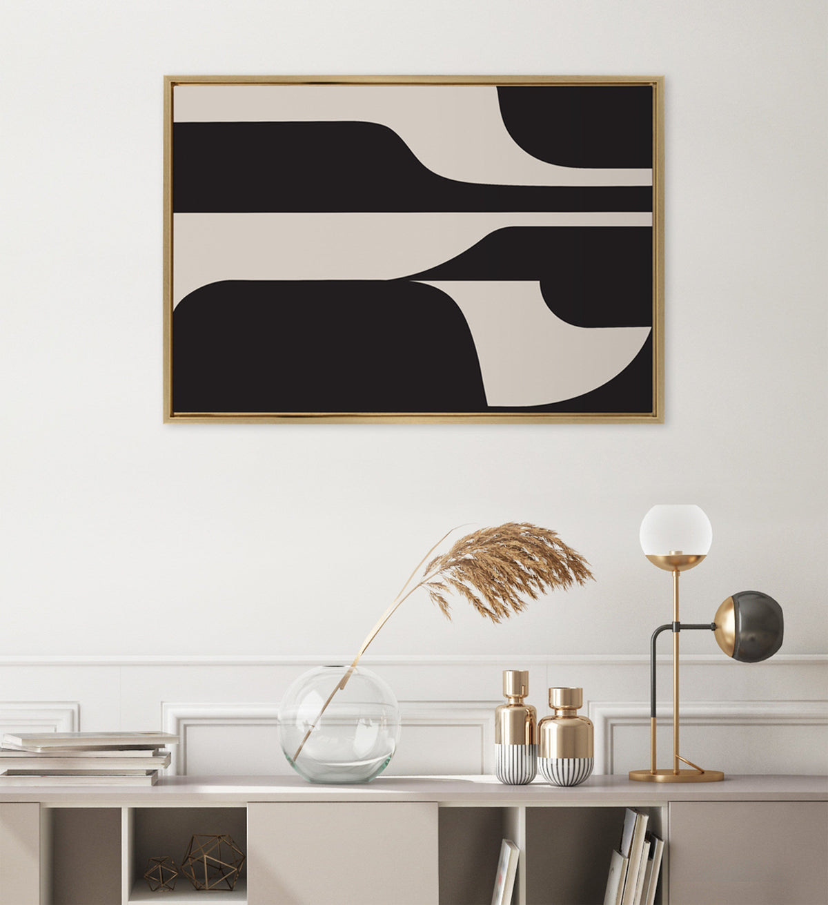 Sylvie Eye Catching Sleek Abstract 6 Black and Beige Framed Canvas by The Creative Bunch Studio