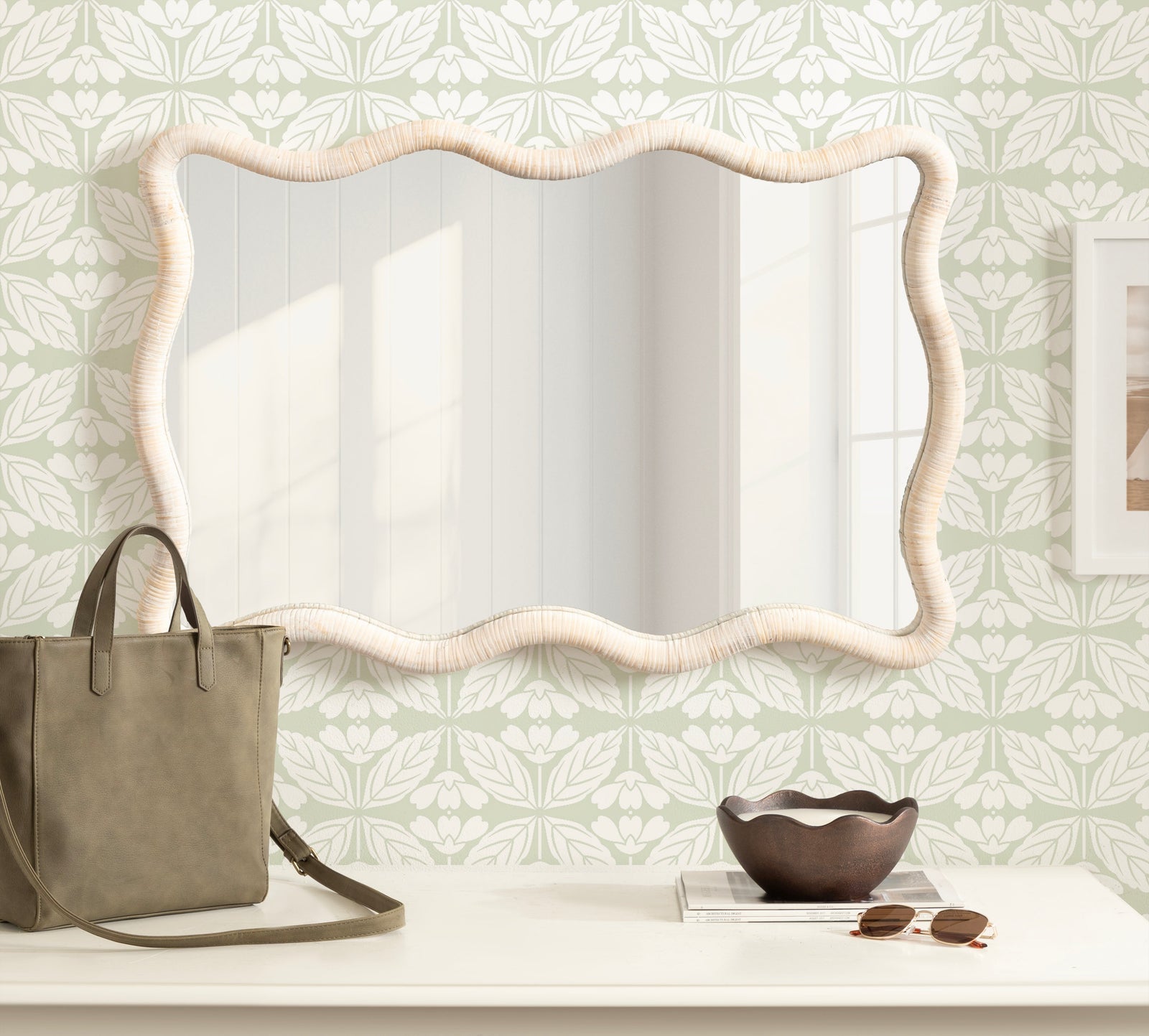 Rahfy Rattan Rectangle Scallop Mirror
