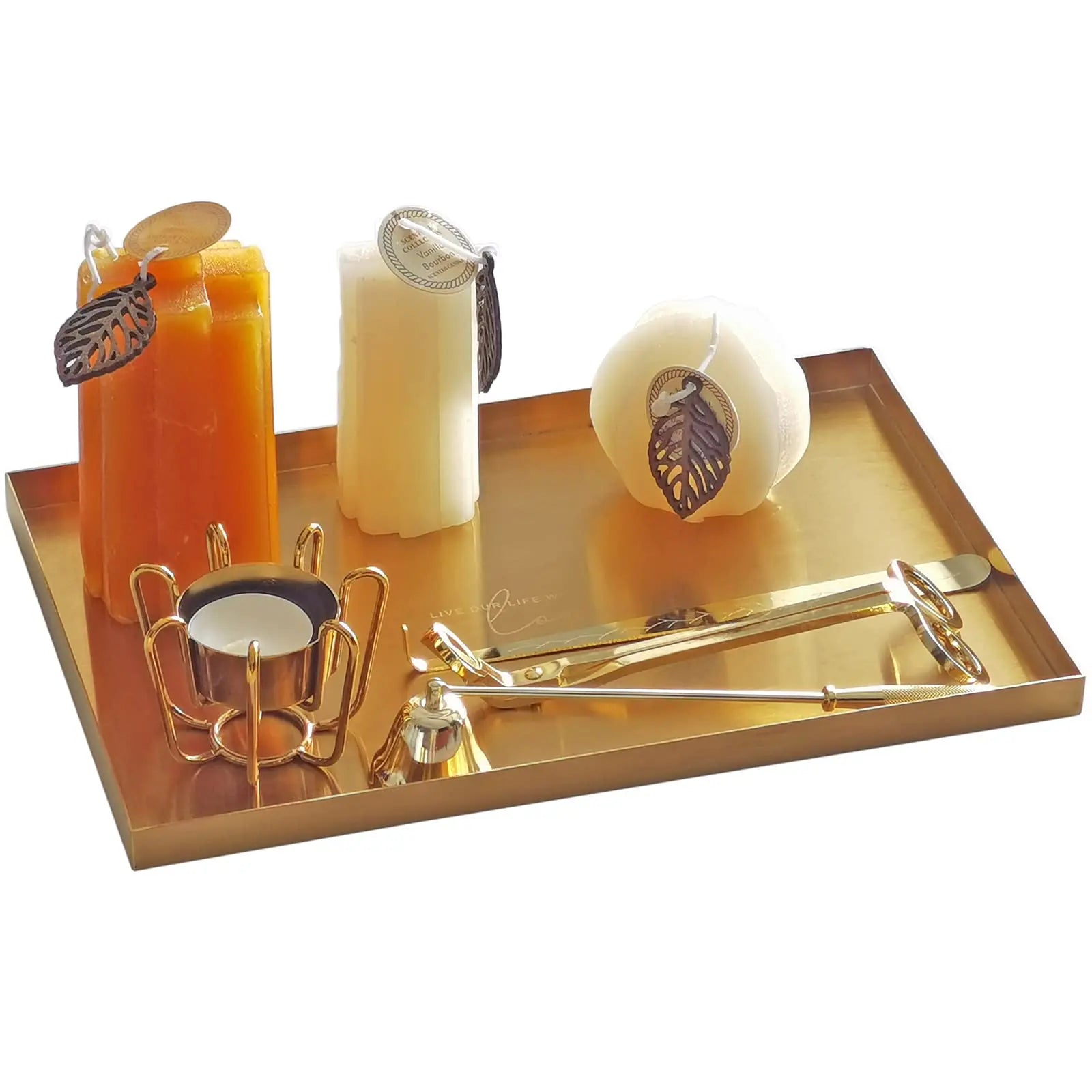 FREELOVE Sanding Gold Metal Vanity Tray Lettering Perfume Organizer Jewelry Holder Makeup Dish Catchall Candle Plate Decorative for Dresser Counter Bathroom Desk Home Preppy Room Decor 8X12